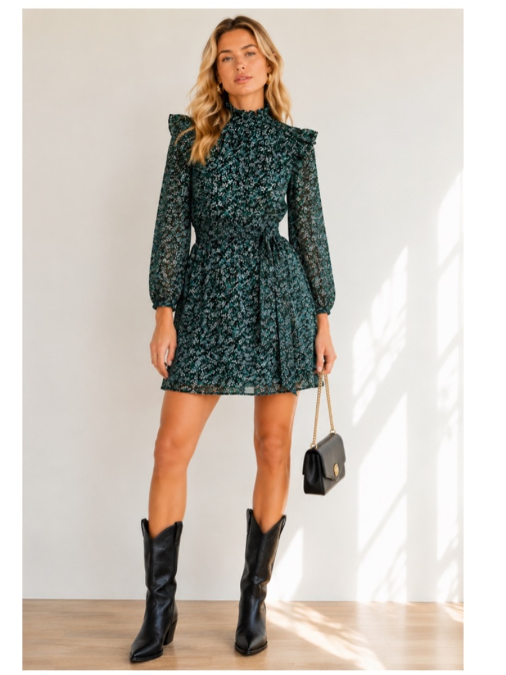 APIECE APART Green Floral Ruffle Neck Mini Dress Belted Size 0